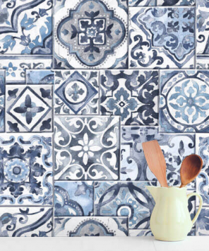 Papel de parede azulejo mosaico - azul e branco