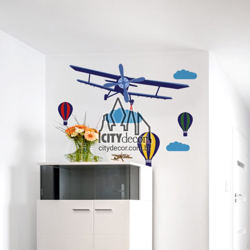 Adesivo de parede avião vintage e balões Adesivo de parede avião vintage e balões