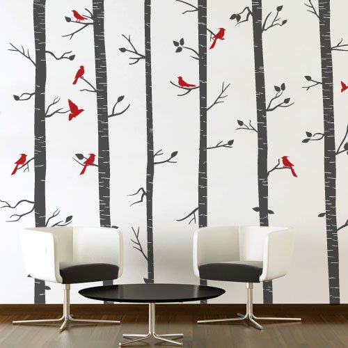 Adesivo de parede árvores na floresta e pássaros Adesivo de parede árvores na floresta e pássaros