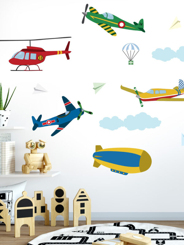 Adesivo de parede infantil aviões e nuvens