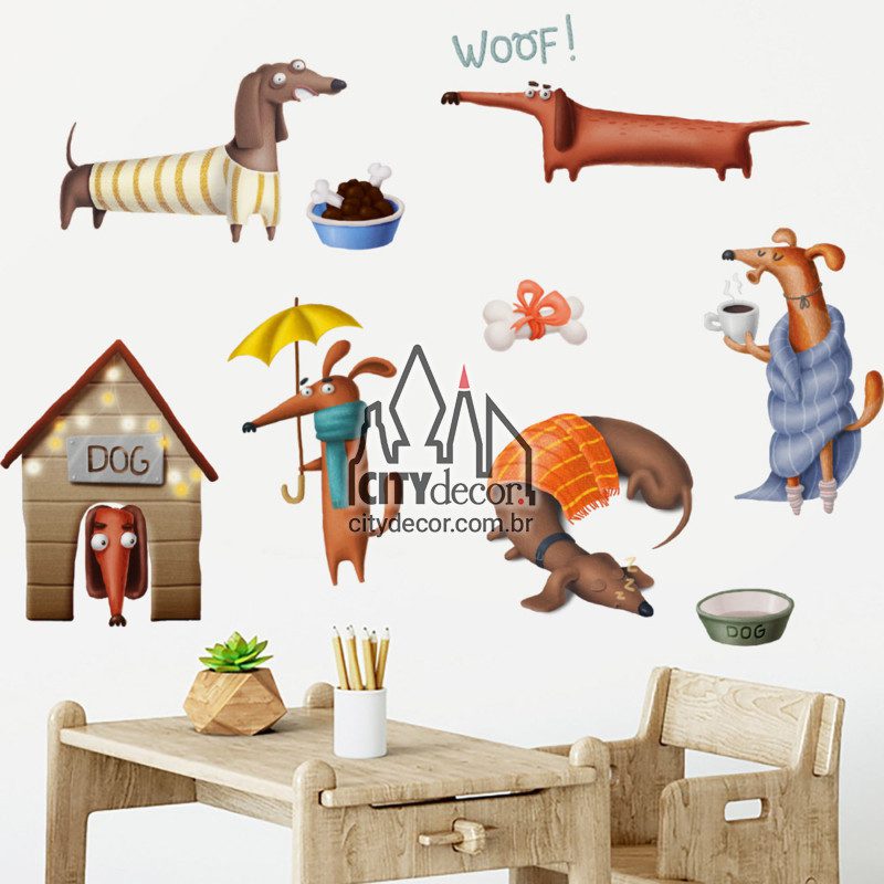Adesivo de parede infantil cachorros salsicha Adesivo de parede infantil cachorros salsicha Dachshund ou teckel