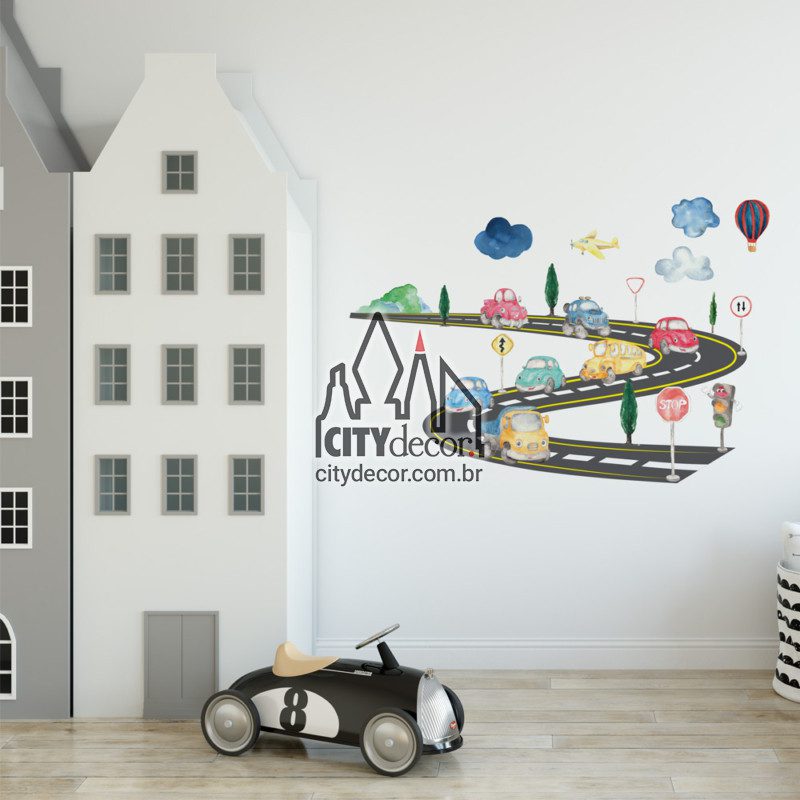 Adesivo de parede infantil carrinhos na estrada Adesivo de parede infantil carrinhos na estrada