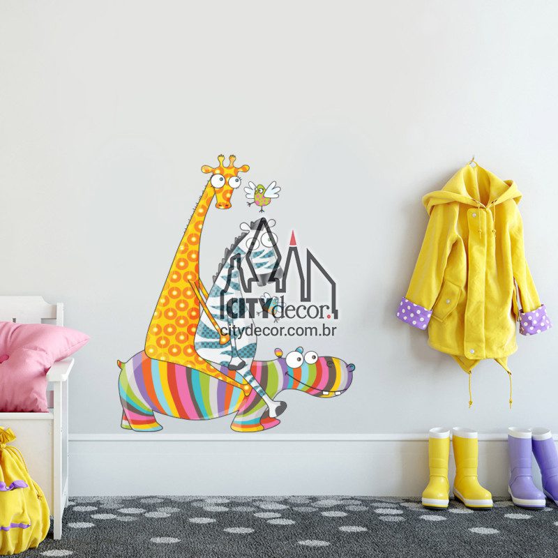 Adesivo de parede infantil passeando de hipopótamo Adesivo de parede infantil bichinhos com hipopótamo colorido