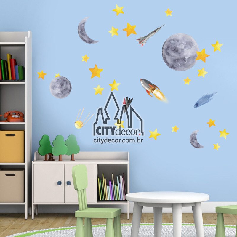 Adesivo de parede lua e planetas Adesivo de parede lua e planetas