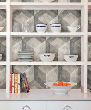 Papel de parede adesivo hexagonos cinza sobre madeira