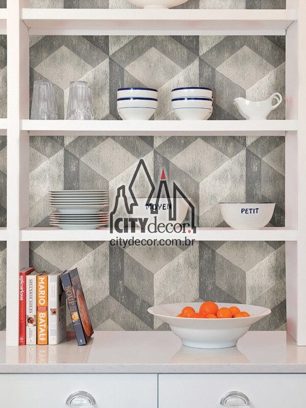 Papel de parede adesivo hexagonos cinza sobre madeira
