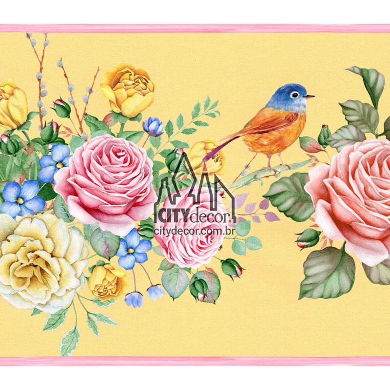 Faixa de parede amarela floral buquês e passarinhos Faixa de parede amarela floral buquês e passarinhos