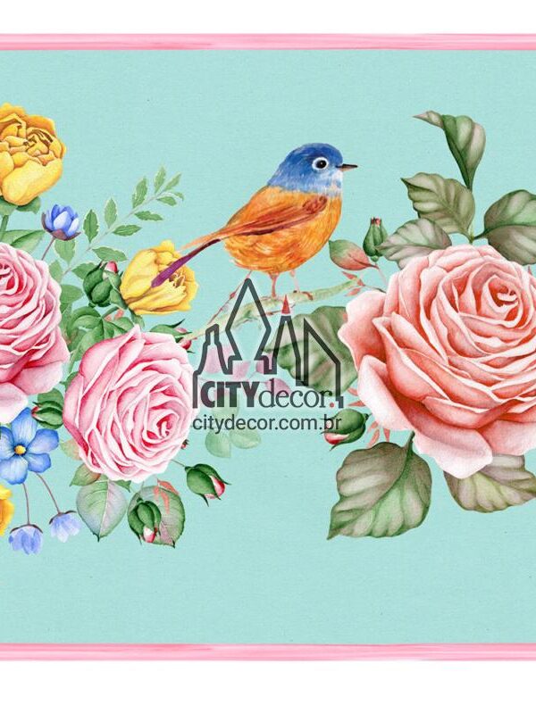 Faixa de parede flores e passarinhos - azul tiffany