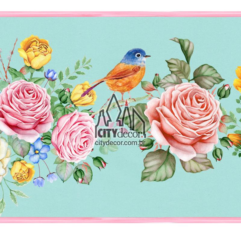 Faixa de parede flores e passarinhos - azul tiffany Faixa de parede flores e passarinhos - azul tiffany