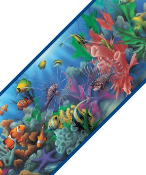 Faixa decorativa de parede peixes coloridos e corais no fundo do mar