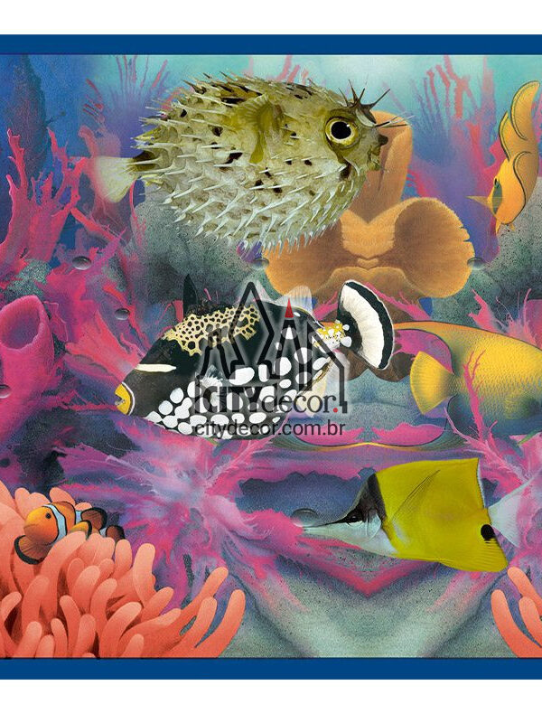 Faixa decorativa de parede peixes coloridos e corais no fundo do mar