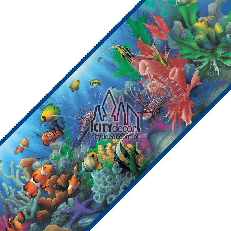 Faixa decorativa para parede de banheiro peixes e corais Faixa decorativa de parede peixes coloridos e corais no fundo do mar