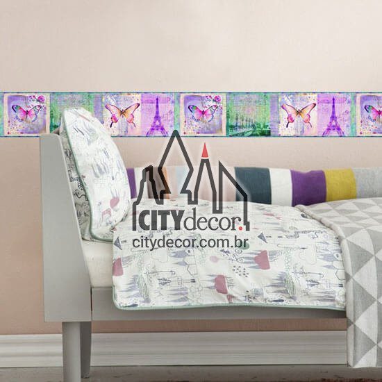 Faixa de parede border Paris e Borboletas Faixa de parede border Paris e Borboletas