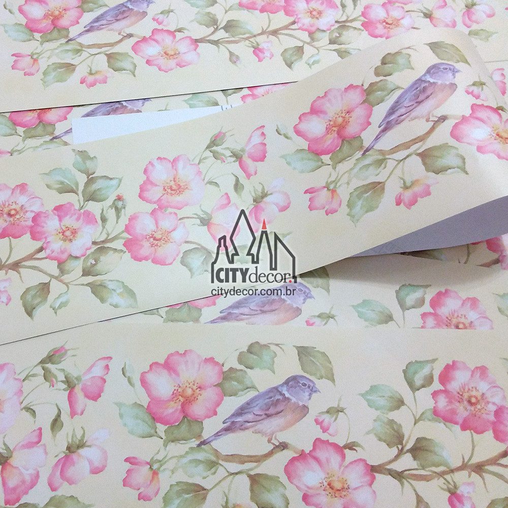 Faixa de parede floral rosas com passarinho Faixa de parede floral rosas com passarinho