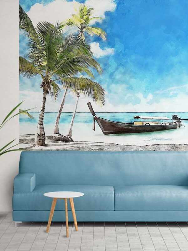 Painel fotográfico canoa e coqueiros na praia