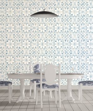 Papel de parede azulejo azul e branco