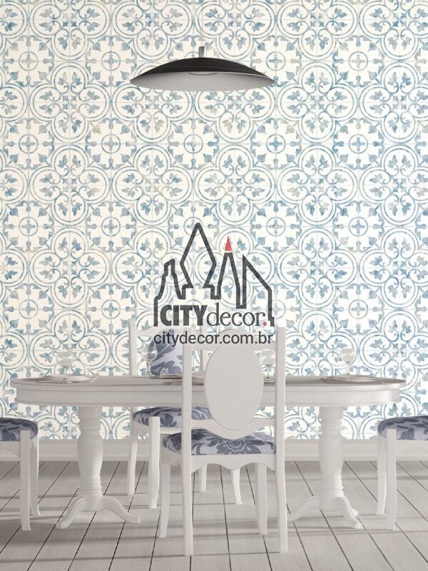 Papel de parede azulejo azul e branco