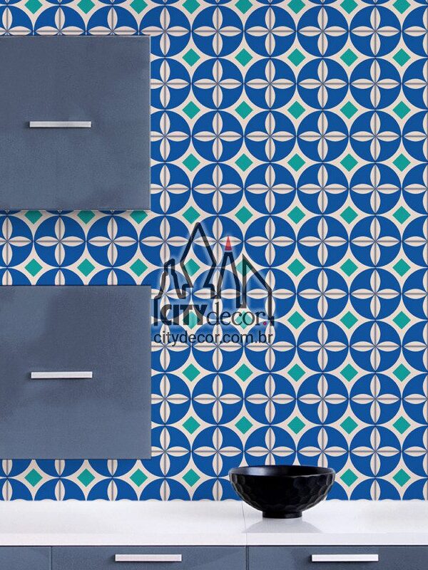 Papel de parede azulejo geométrico azul laguna