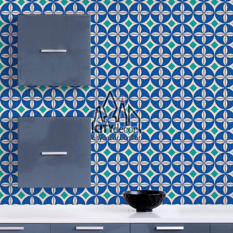 Papel de parede azulejo geométrico azul laguna Papel de parede azulejo geométrico azul laguna