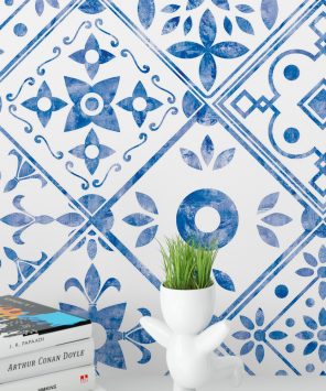 papel de parede azulejo azul e branco