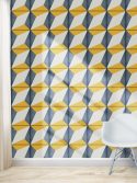 Papel de parede azulejo poliedro azul e amarelo