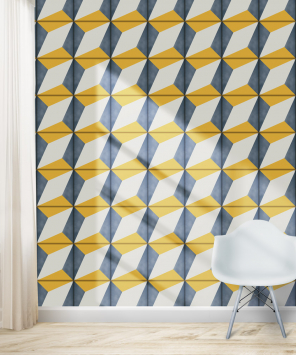 Papel de parede azulejo poliedro azul e amarelo