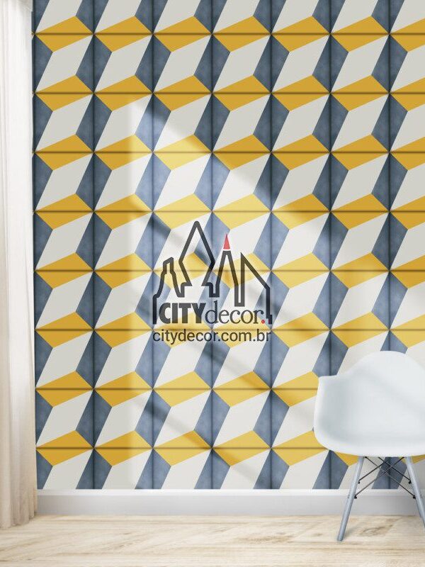 Papel de parede azulejo poliedro azul e amarelo