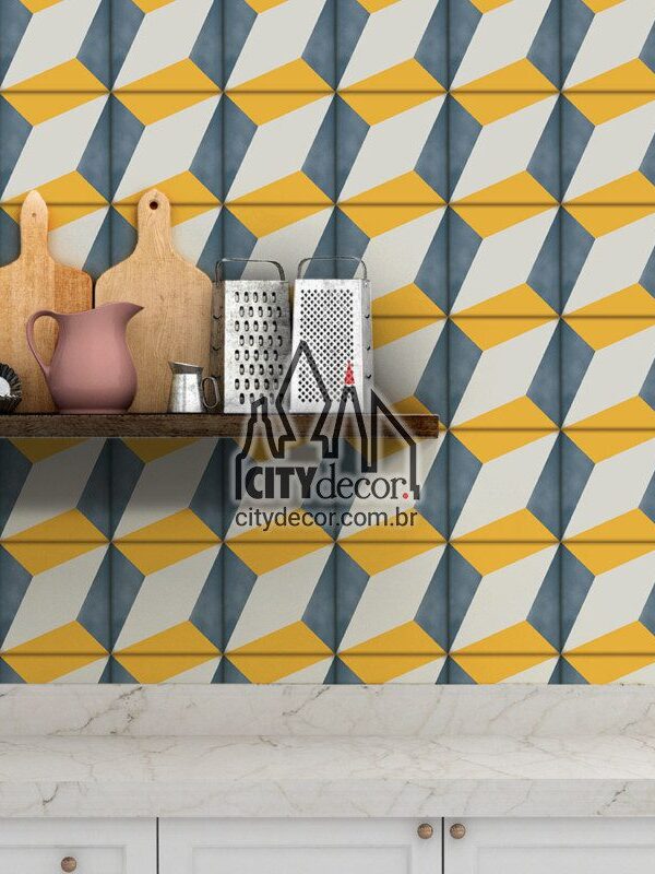 Papel de parede azulejo geométrico poliedro azul e amarelo