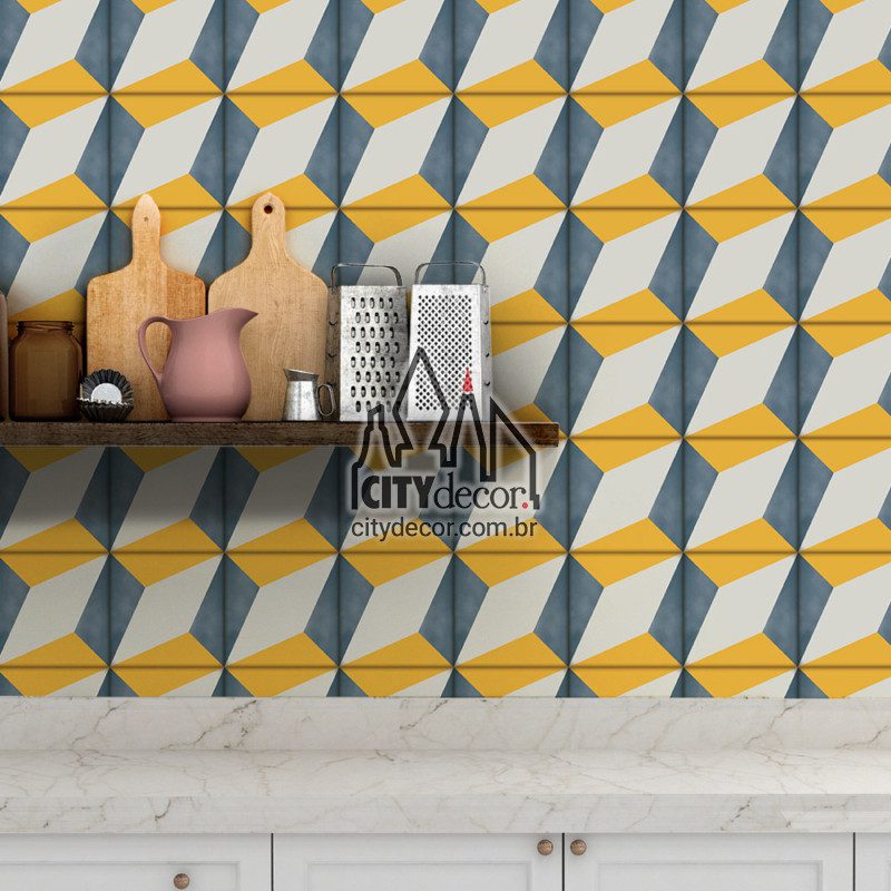 Papel de parede azulejo poliedro Papel de parede azulejo geométrico poliedro azul e amarelo