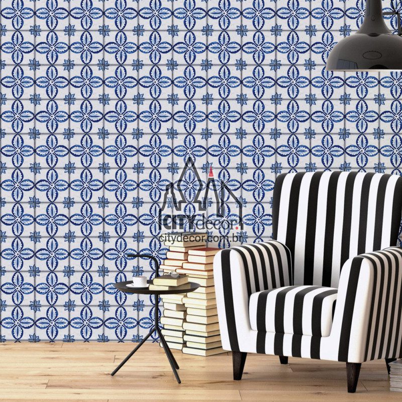 Papel de parede azulejo português floral azul Papel de parede azulejo português floral azul e branco