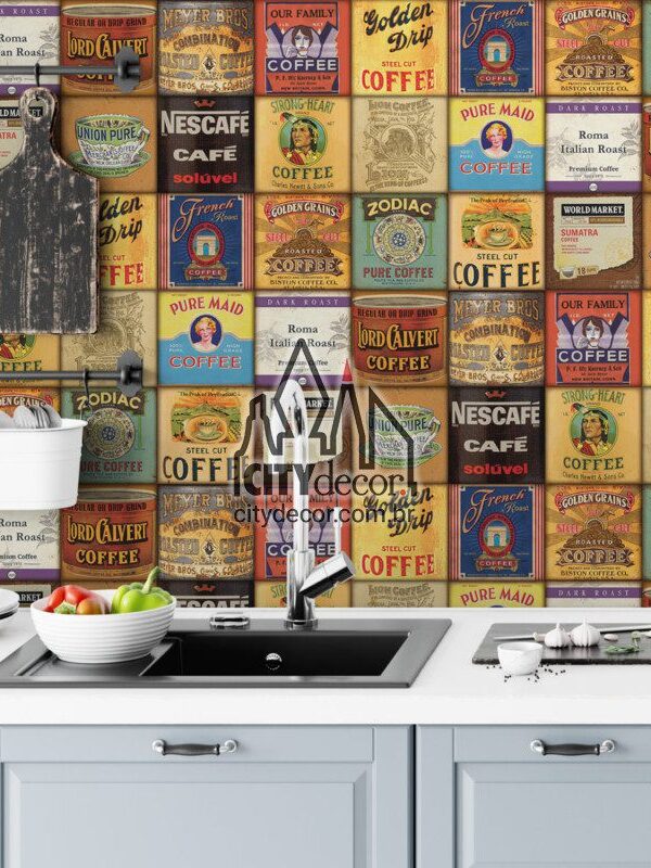 Papel de parede azulejo vintage rótulos de café