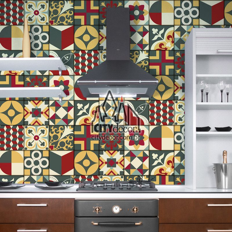 Papel de parede azulejo soriah Azulejo geométrico soriah vermelho amarelo e cinza