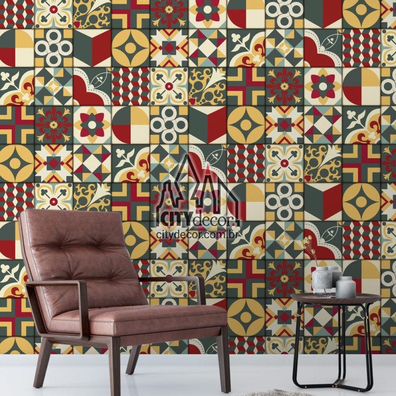 Papel de parede azulejo soriah Papel de parede azulejo geométrico soriah vermelho amarelo e cinza