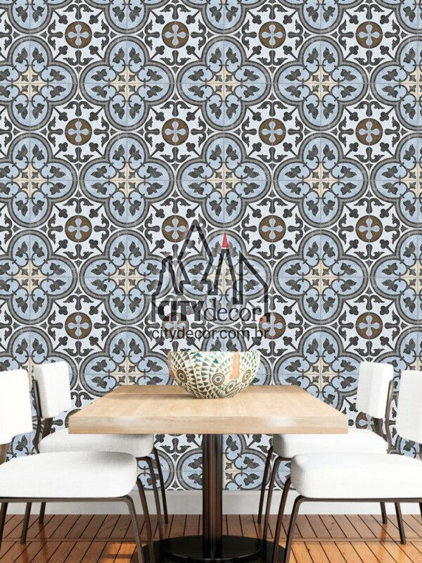 papel de parede azulejo vintage azul
