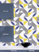 Papel de parede azulejo geometrico azul amarelo e cinza