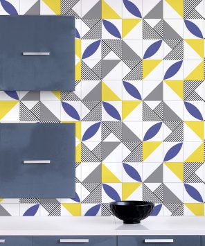 Papel de parede azulejo geometrico azul amarelo e cinza