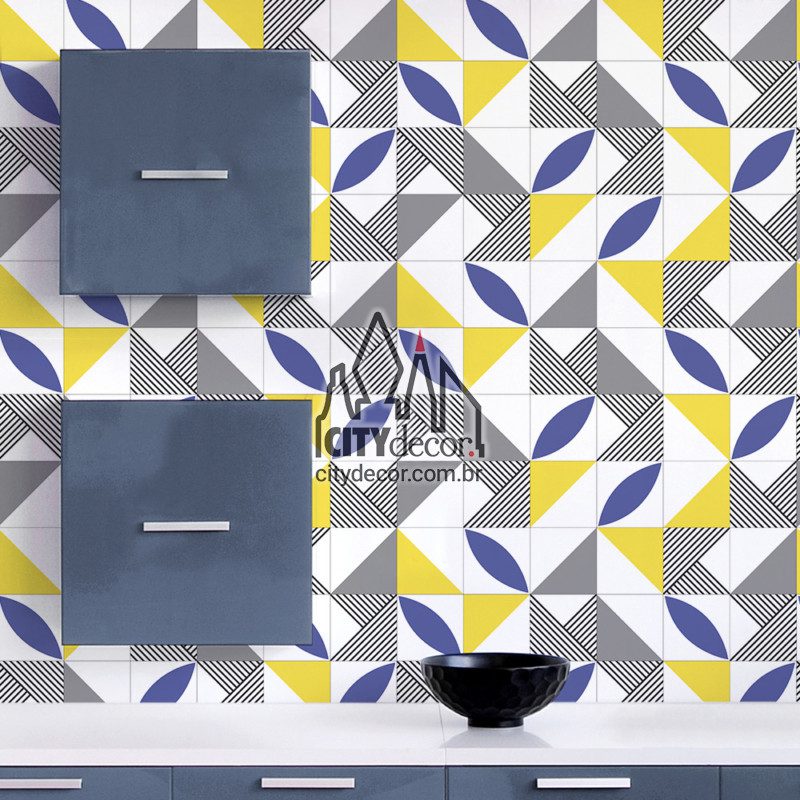 Papel de parede azulejo geometrico azul amarelo e cinza Papel de parede azulejo geometrico azul amarelo e cinza