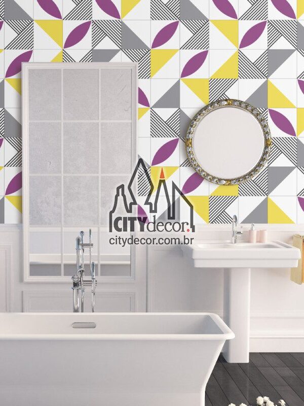 Papel de parede azulejo geométrico banheiro