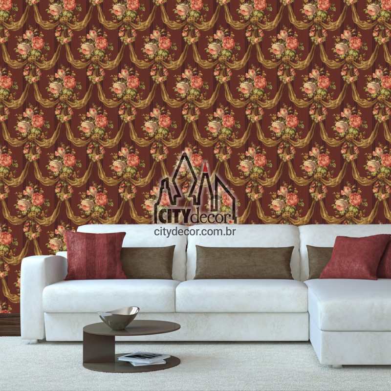 papel de parede buquês de rosas vintage - vermelho granada papel de parede buquês de rosas vintage - vermelho granada