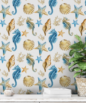 Papel de parede cavalo marinho estrela do mar e conchas