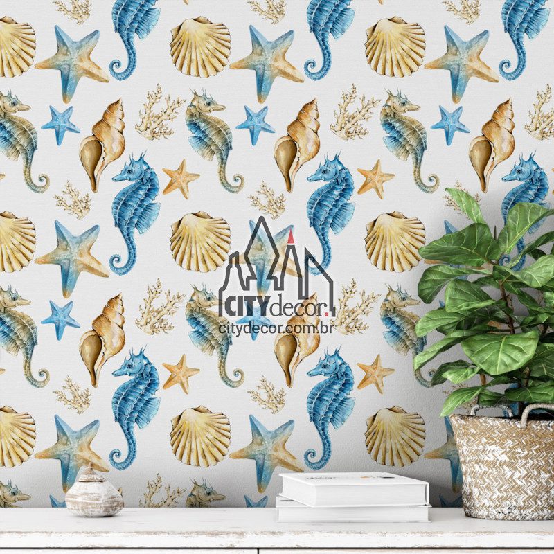 Adesivo papel de parede cavalo marinho Papel de parede cavalo marinho estrela do mar e conchas