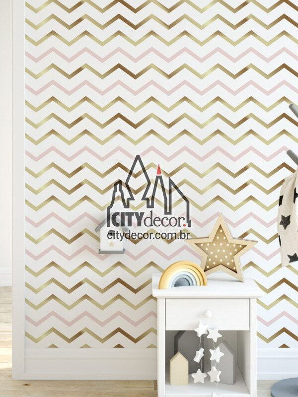 Papel de parede chevron linhas finas rosa e dourado infantil