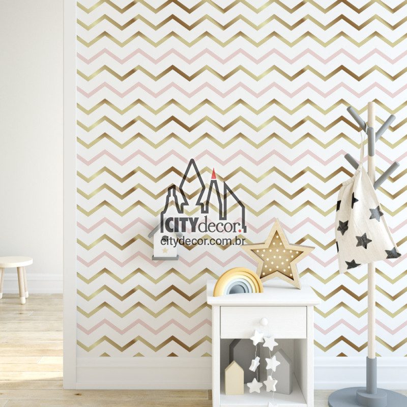 Adesivo papel de parede chevron rosa e dourado Papel de parede chevron linhas finas rosa e dourado infantil
