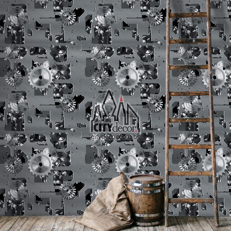 Adesivo papel de parede engrenagens de metal prata Papel de parede engrenagens de metal prata cinza