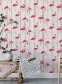 Papel de parede flamingos na madeira