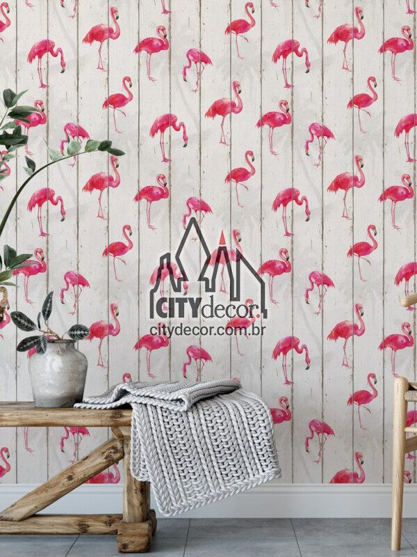 Papel de parede flamingos na madeira