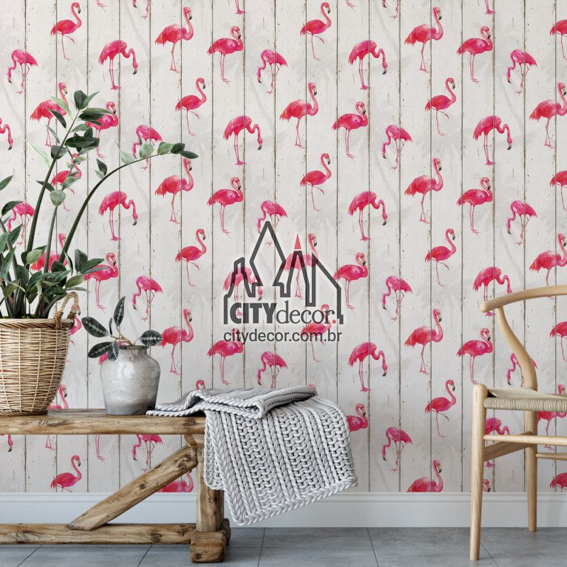 Papel de parede flamingos na madeira Papel de parede flamingos na madeira