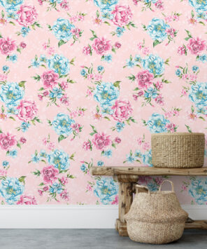 papel de parede floral rosa e azul