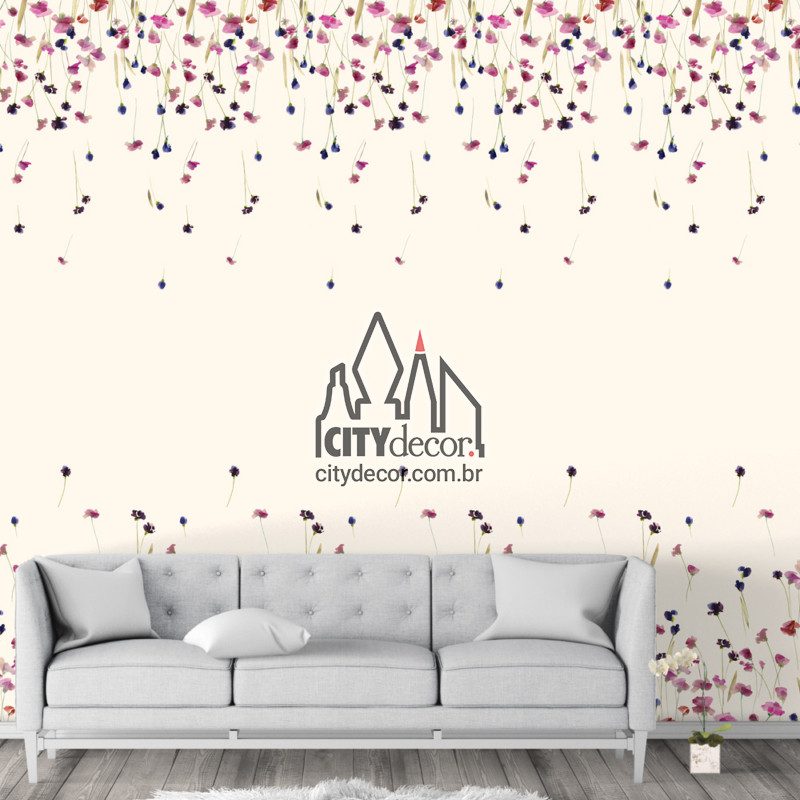 Adesivo papel de parede floral flores ao vento Papel de parede floral flores rosa e lilás