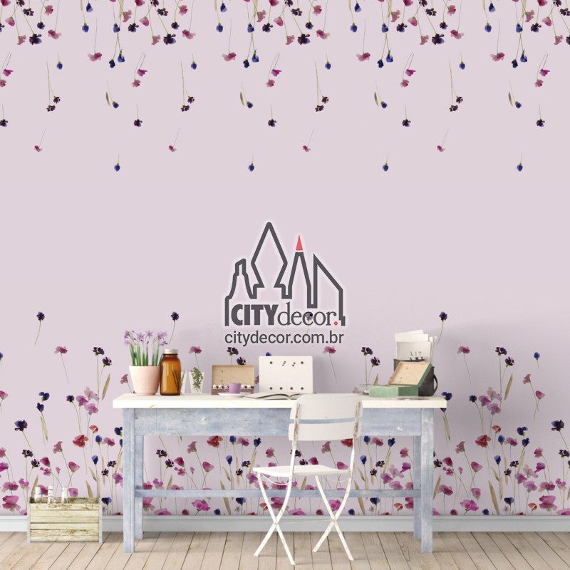 Adesivo papel de parede floral flores ao vento Papel de parede floral flores rosa roxa e lilás